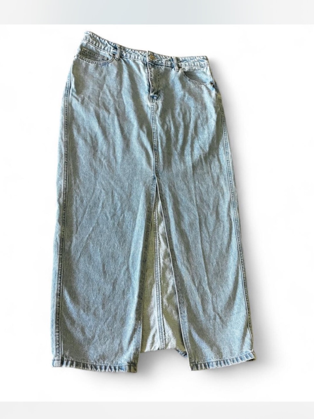 Y2K Light Wash Denim Maxi Skirt with Front Slit